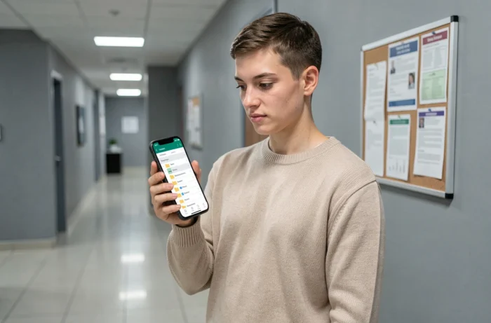 Jeune agent administratif consultant ses emails Zimbra sur smartphone dans un couloir de bâtiment public