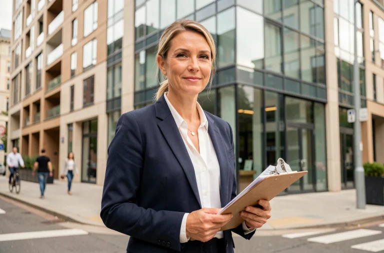 Agent immobilier professionnelle devant un immeuble résidentiel moderne tenant des documents de vente