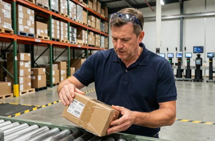 Agent logistique inspectant un colis endommagé sur un tapis roulant dans un entrepôt de centre de tri Hub Harnes