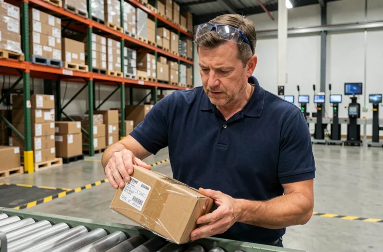 Agent logistique inspectant un colis endommagé sur un tapis roulant dans un entrepôt de centre de tri Hub Harnes