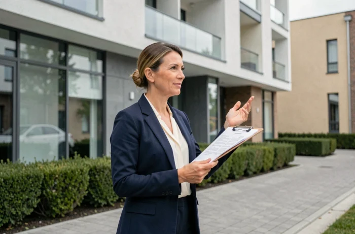 Agente immobilière professionnelle devant un immeuble moderne en 2024, tenant des documents de vente