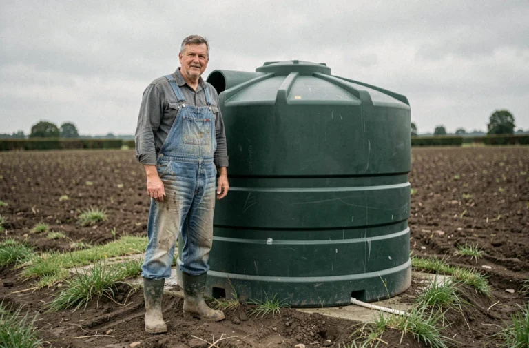 Agriculteur debout à côté d'une grande cuve de récupération d'eau de pluie installée en bordure de champ agricole en France