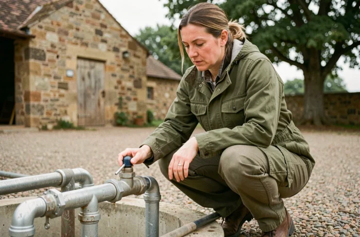Agronome inspectant les raccordements d'une citerne d'eau de pluie enterrée dans une ferme avec des bâtiments agricoles en arrière-plan