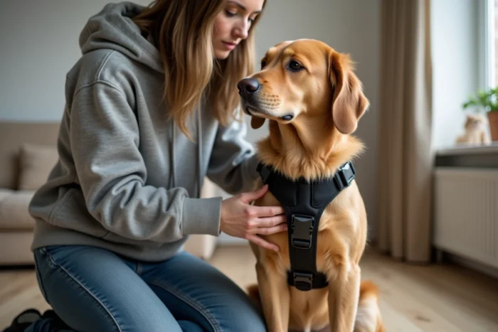 Femme ajustant le harnais noir d'un Golden Retriever à l'intérieur, gros plan sur les sangles et boucles du harnais