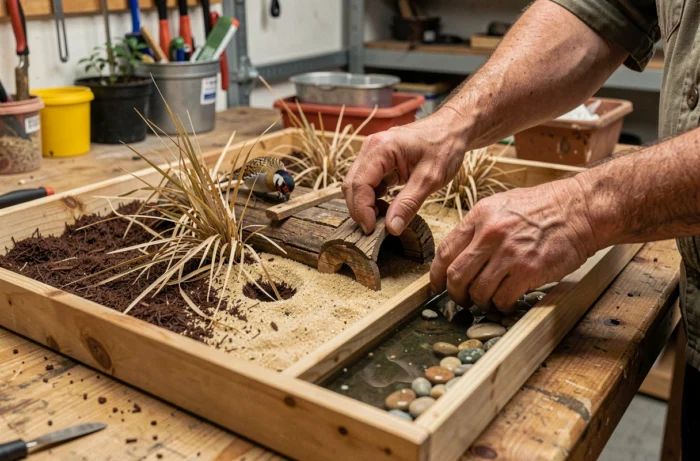 Mains aménageant un enclos pour cailles de Chine avec cachettes en bois, herbes séchées et substrat naturel sur un établi