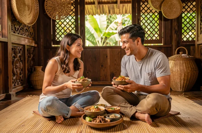 Deux amis voyageurs partageant un repas traditionnel dans une maison de thé en Asie du Sud-Est