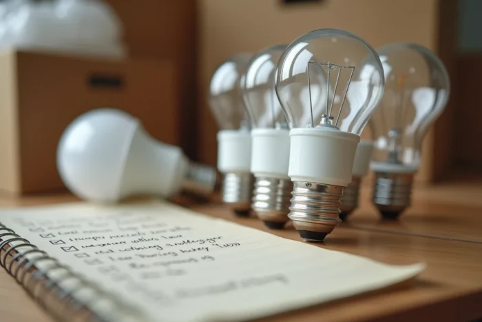 Différents types d'ampoules posées sur une table en bois avec une checklist de déménagement