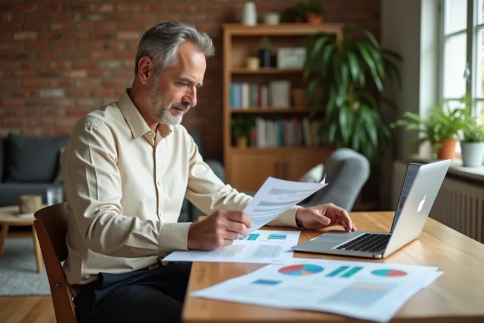 Homme analysant des données comparatives pour estimer le prix de sa maison sur ordinateur et documents imprimés