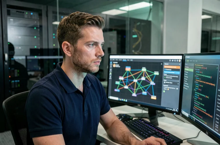 Analyste en cybersécurité surveillant des tableaux de bord de sécurité informatique dans un centre opérationnel d'entreprise