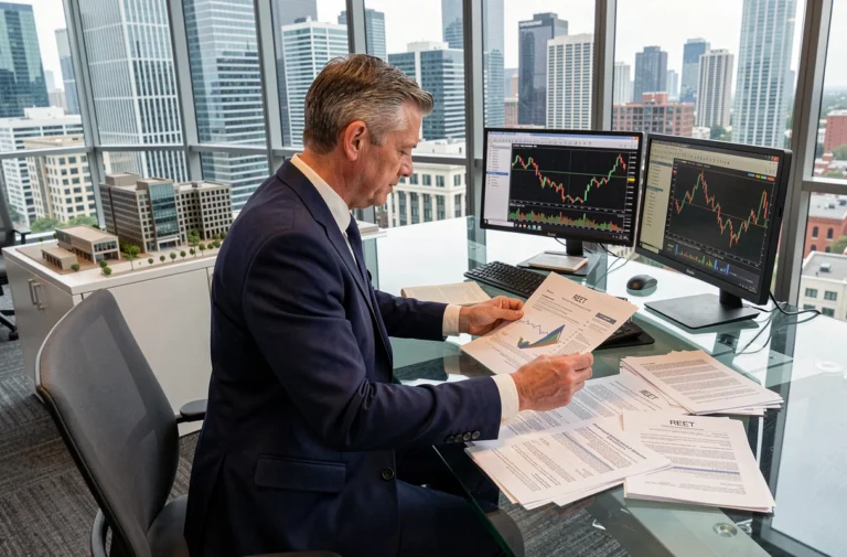 Analyste financier examinant des rapports d'investissement en foncières cotées dans un bureau moderne avec vue sur les immeubles urbains