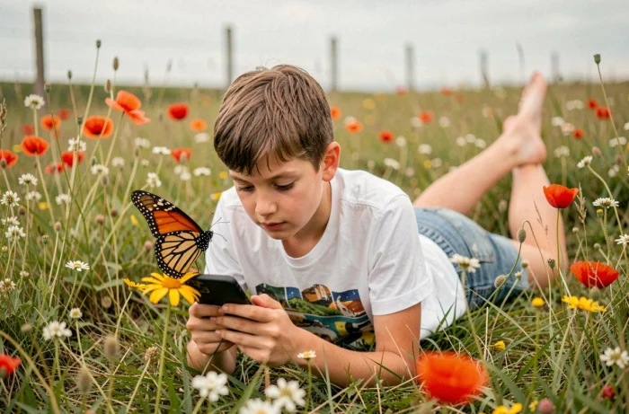 Adolescent photographiant un papillon monarque sur une marguerite avec son smartphone pour l'identifier via une application gratuite