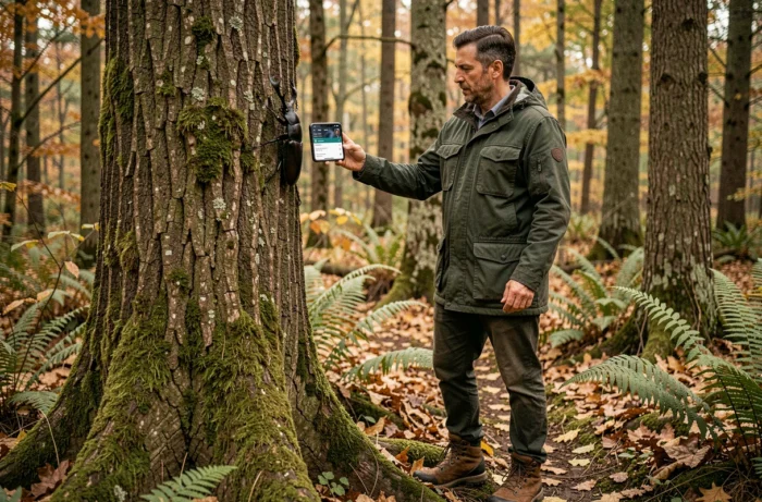 Randonneur identifiant un scarabée cerf-volant sur l'écorce d'un chêne grâce à une application mobile de reconnaissance d'insectes