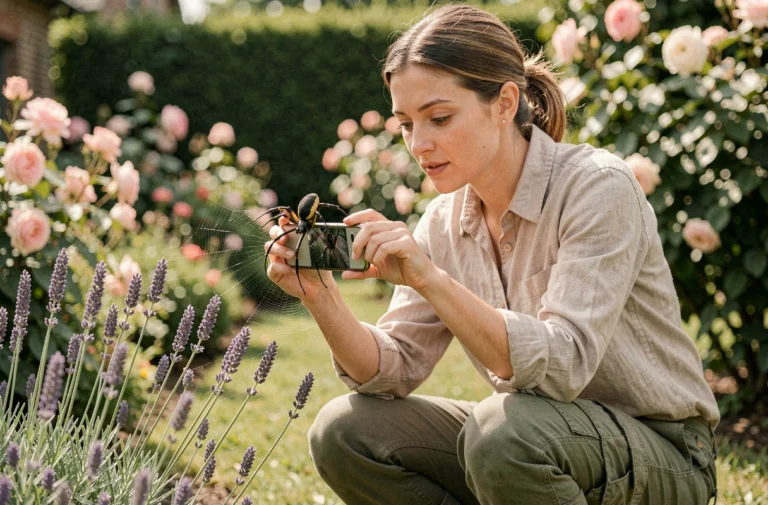 Femme utilisant une application de reconnaissance d'insectes sur smartphone dans un jardin fleuri avec une araignée sur sa toile