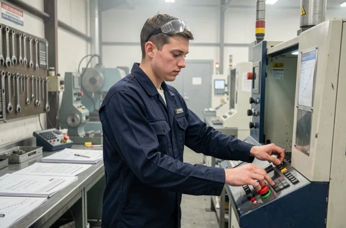 Apprenti en formation technique opérant une machine industrielle dans un atelier de production