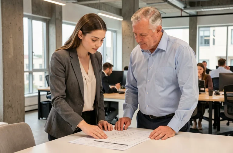 Jeune femme en apprentissage écoutant les conseils de son tuteur professionnel dans un bureau moderne
