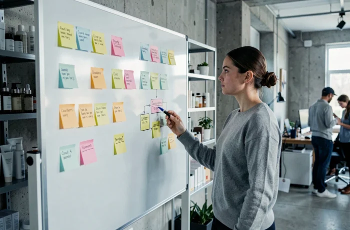 Designer UX travaillant sur l'architecture de navigation d'un site beauté avec des post-it sur un tableau en verre