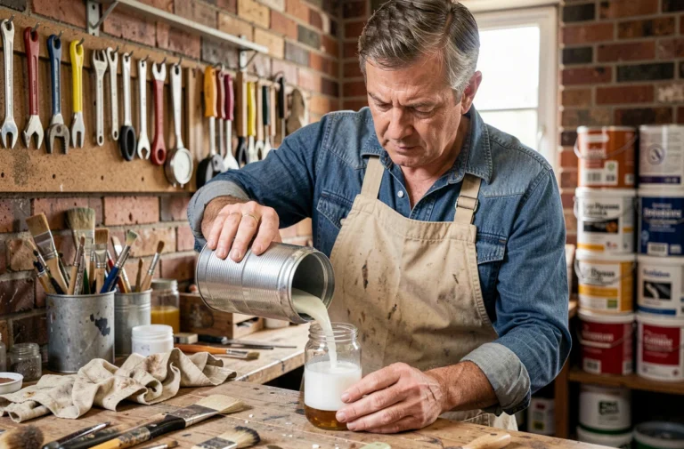 Artisan versant du white spirit dans un bocal en verre sur un établi de menuisier encombré de pinceaux et de chiffons de peinture