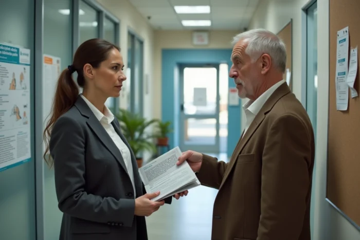 Assistante sociale remettant une brochure sur les aides pour financer les services ADMR à un senior