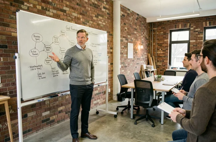 Coach animant un atelier de développement professionnel devant un tableau blanc avec des participants attentifs