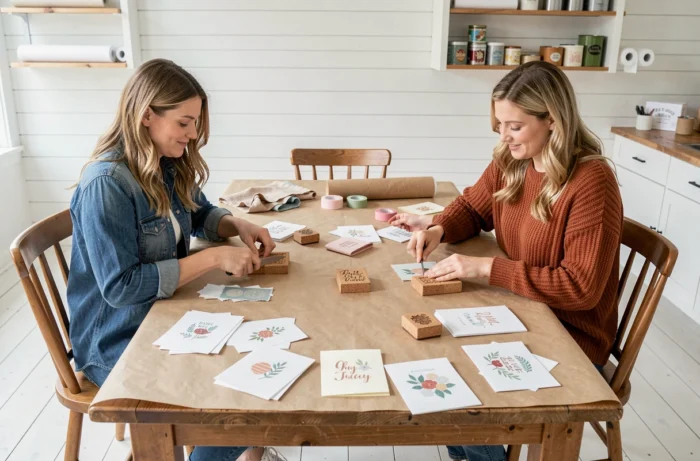 Deux femmes créant des cartes artisanales et tamponnant des motifs sur tissu autour d'une grande table en bois, atelier DIY créatif à la maison