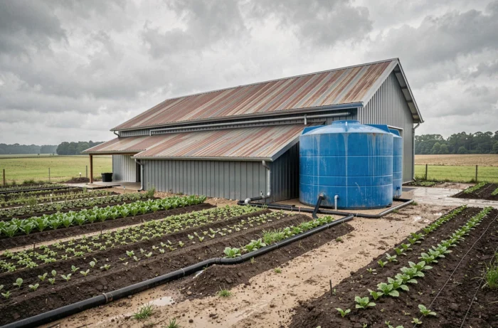 Vue large d'un bâtiment agricole avec gouttières et cuve de stockage d'eau pluviale intégrée à une exploitation maraîchère