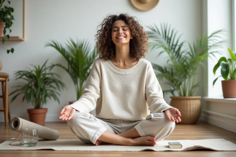 Femme détendue assise sur le sol d'un salon moderne entouré de plantes et d'un journal, illustrant le bien-être au quotidien