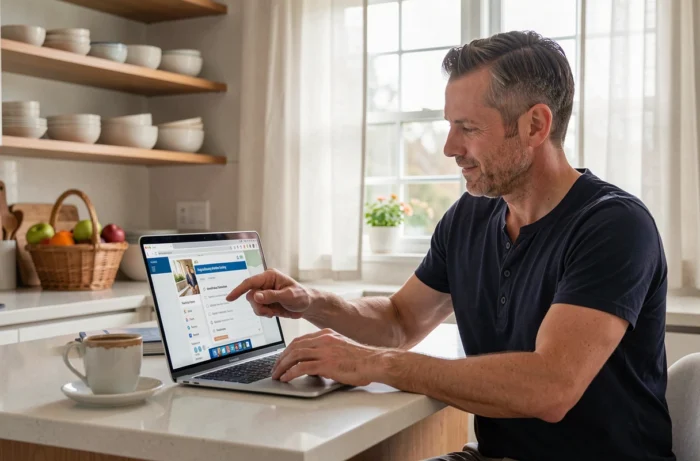 Parent blogueur analysant la navigation de son blog familial sur un ordinateur portable dans une cuisine moderne