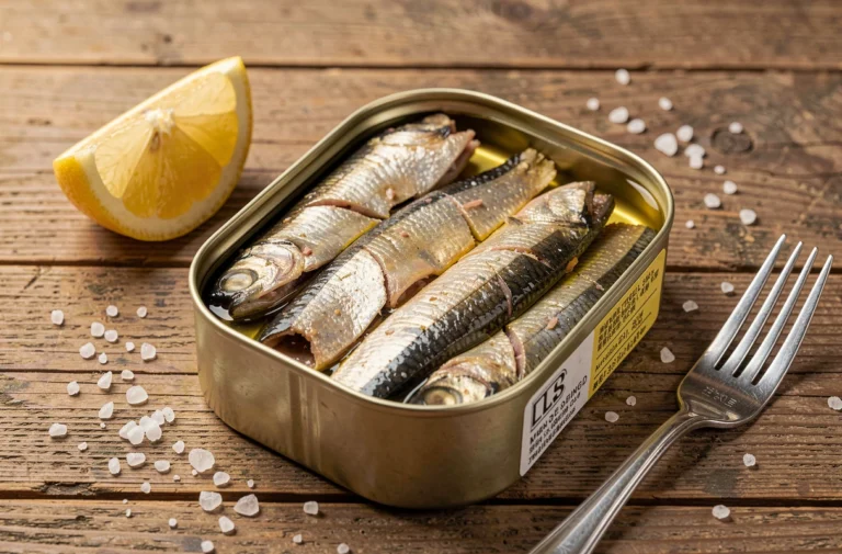 Boîte de sardines en conserve ouverte dans l'huile d'olive sur une table en bois rustique, avec citron et sel de mer