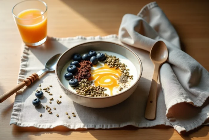 Vue aérienne d'un bol de petit-déjeuner sain garni de graines, pollen, baies et miel sur une table en chêne clair