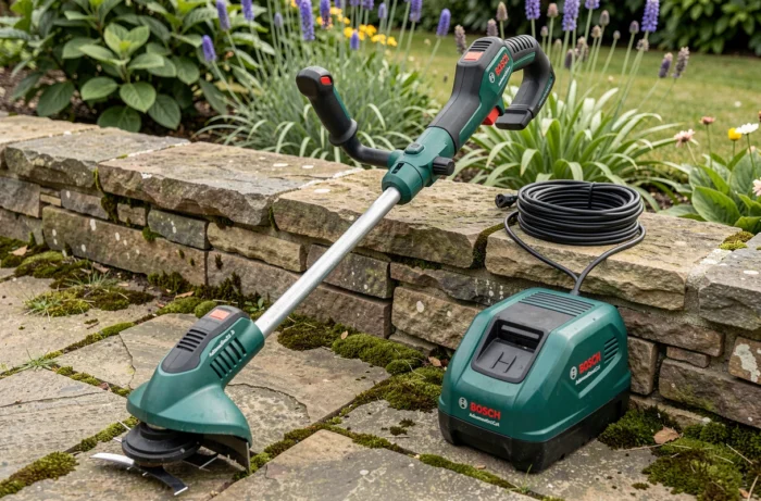 Bosch AdvancedGrassCut 36 posé contre un mur en pierre avec batterie et fil de rechange dans un jardin