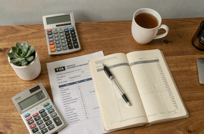 Vue de dessus d'un bureau organisé avec formulaire TVA, calculatrice et grand livre comptable