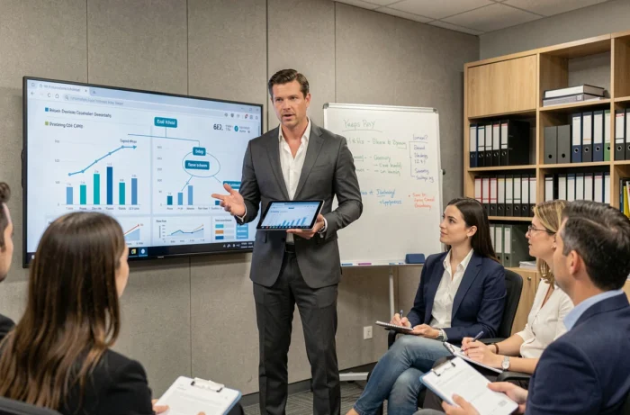 Business partner masculin présentant des indicateurs de performance clés à une équipe RH dans un bureau d'entreprise moderne