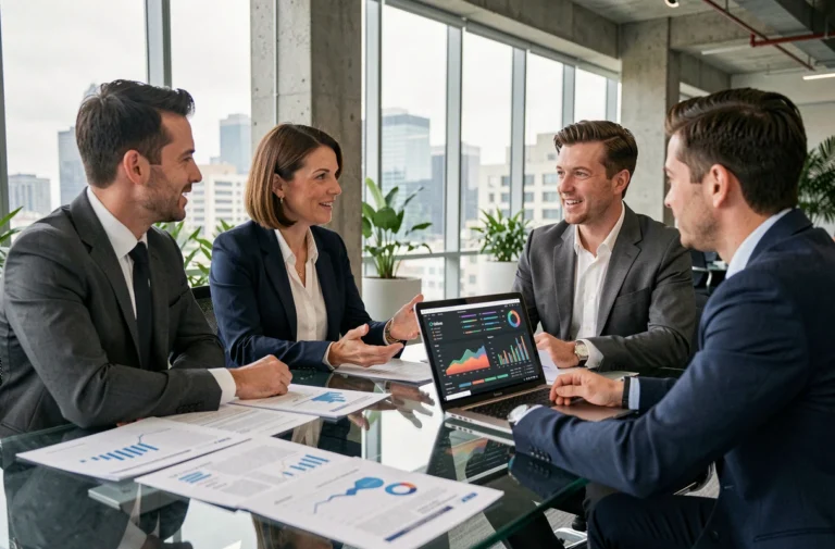 Business partner femme discutant de performance financière avec des collègues autour d'une table de réunion en entreprise