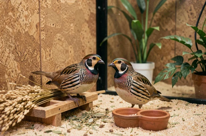 Deux cailles de Chine près d'une mangeoire en bois artisanale dans une volière intérieure naturellement aménagée