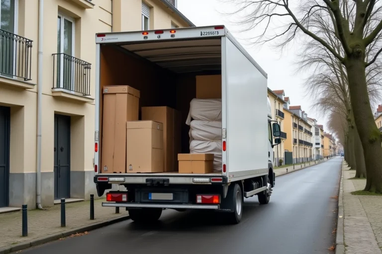 Camion de déménagement 15m3 avec portes arrière ouvertes révélant des cartons et meubles emballés, garé dans une rue résidentielle française
