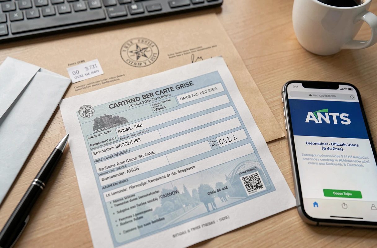 Carte grise posée sur un bureau avec smartphone affichant le site ANTS pour changer d'adresse
