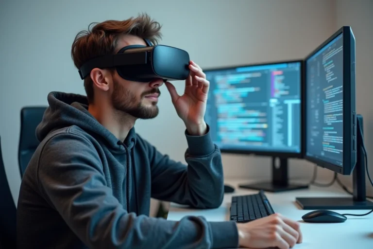 Homme utilisant un casque de réalité augmentée dans un bureau high-tech minimaliste, tendances technologie geek