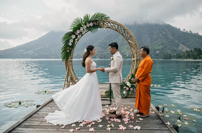Cérémonie de mariage balinaise sur un ponton en bois au-dessus d'un lagon turquoise avec un prêtre traditionnel