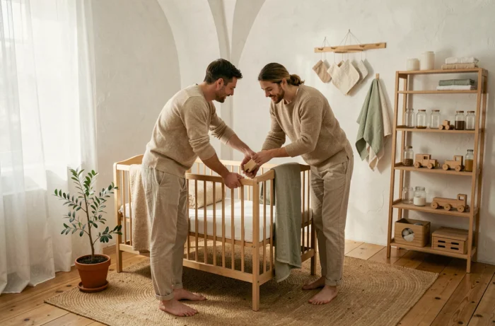 Couple aménageant une chambre de bébé écoresponsable avec des jouets en bois et des textiles naturels