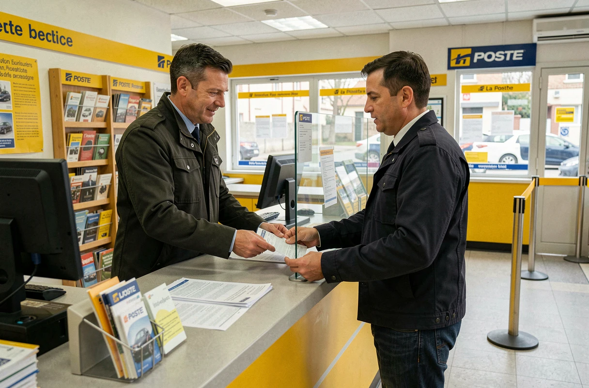 Homme déposant un dossier de changement d'adresse sur carte grise à La Poste