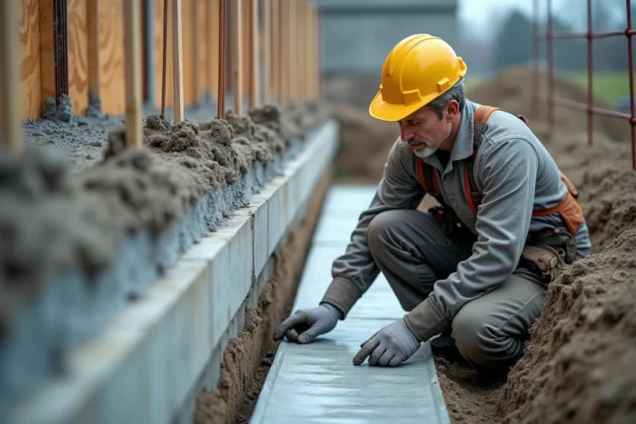 Chantier de construction d'un sous-sol semi-enterré avec pose de membrane d'étanchéité et isolation