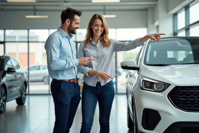 Couple examinant un SUV blanc dans une salle d'exposition d'un concessionnaire automobile moderne