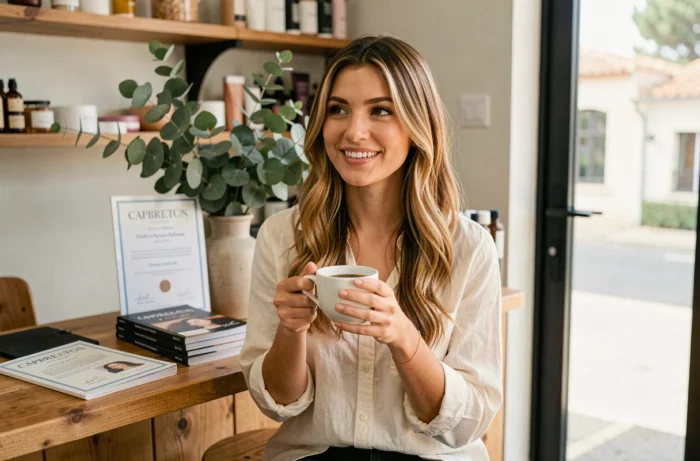 Cliente satisfaite avec balayage caramel réussi dans le salon de coiffure d'un artisan à Capbreton