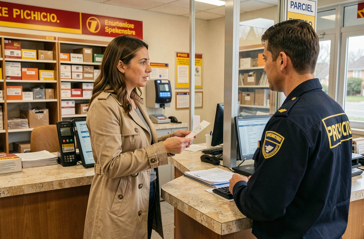Cliente déposant une réclamation pour colis perdu au guichet d'un bureau de poste proche du centre Hub Harnes