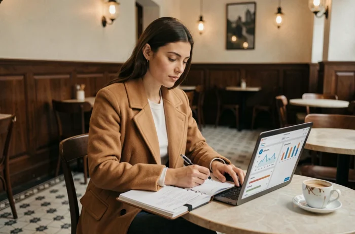 Jeune professionnelle travaillant seule sur son développement personnel avec un carnet de coaching dans un café parisien