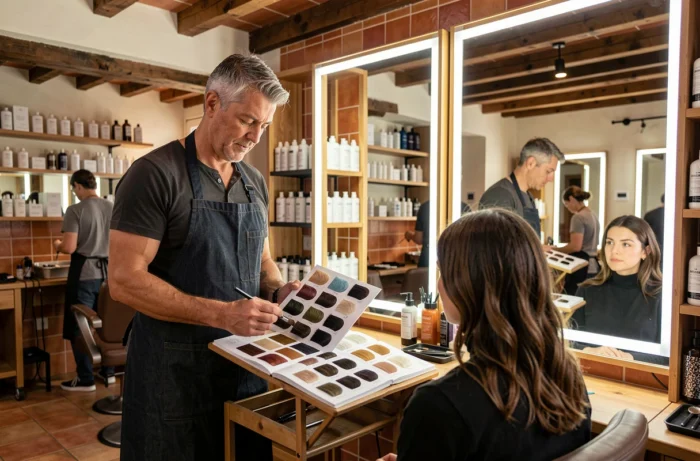 Coiffeur masculin consultant un nuancier de couleurs avec une cliente devant un miroir dans un salon à l'ambiance basque de Capbreton