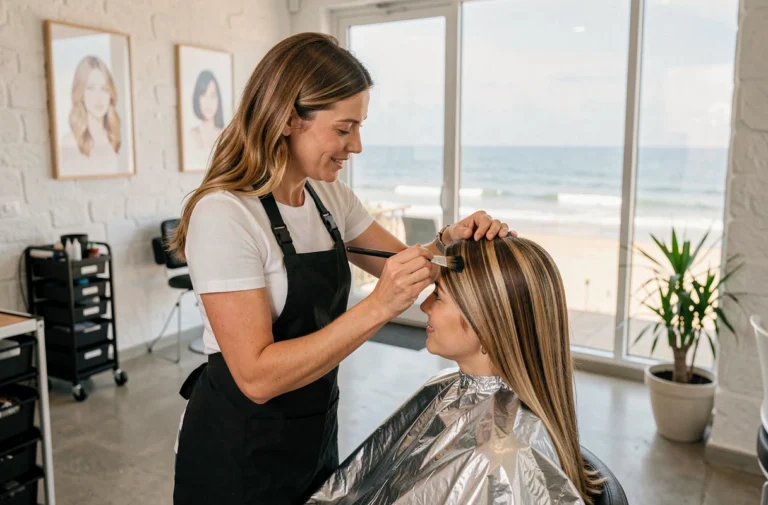Coiffeuse professionnelle appliquant des mèches sur une cliente dans un salon moderne de Capbreton avec vue sur l'océan