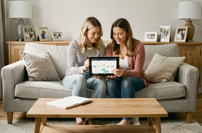 Deux mamans blogueuses collaborant sur la structure et le plan de navigation d'un blog parental autour d'une tablette