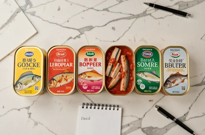 Comparaison de plusieurs marques de sardines en conserve alignées sur un plan de travail en marbre blanc