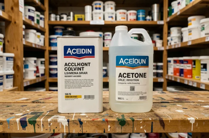 Comparaison côte à côte d'un bidon de white spirit métallique et d'un flacon d'acétone en plastique posés sur une étagère en bois dans une réserve de quincaillerie